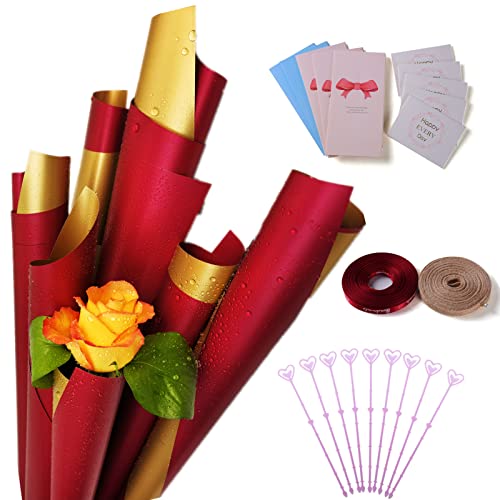 ALL SPECIAL 20 Sheet Waterproof Wrapping Paper No Folding Marks Double Sided Floral Wrapping Paper Florist Bouquet Material, for Mother's Day Party Birthdays Weddings Valentine's Day (red + gold)