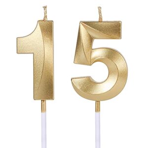 gold 15th & 51st birthday candles for cakes, number 15 51 glitter candle cake topper for party anniversary wedding celebration decoration