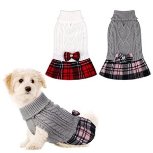 pedgot 2 pieces dog sweater dress plaid with bowtie turtleneck dog knitwear pet sweater pullover sweater for dogs cat dress checked (beige, grey, large