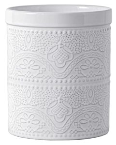 fun elements kitchen utensil holder, 7.2" super large utensil crock heavy and stable lace emboss ceramic utensil holder for kitchen counter (bright white)