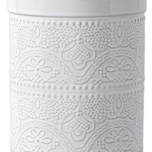 FUN ELEMENTS Kitchen Utensil Holder, 7.2" Super Large Utensil Crock Heavy and Stable Lace Emboss Ceramic Utensil Holder for Kitchen Counter (Bright White)