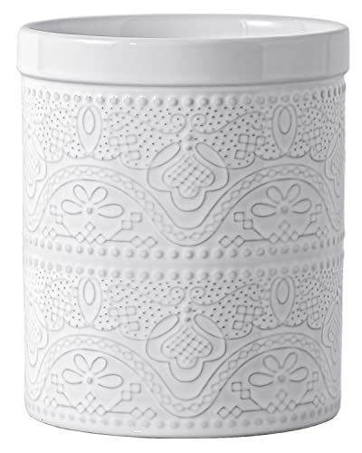 FUN ELEMENTS Kitchen Utensil Holder, 7.2" Super Large Utensil Crock Heavy and Stable Lace Emboss Ceramic Utensil Holder for Kitchen Counter (Bright White)