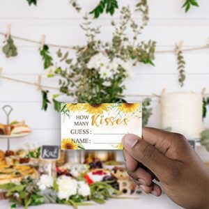 Guess How Many Kisses Are in the Jar Game (1 Standing Sign + 50 Guessing Cards),Sunflower Greenery Golden,Bridal Shower Sign,Baby Shower Sign - XH06