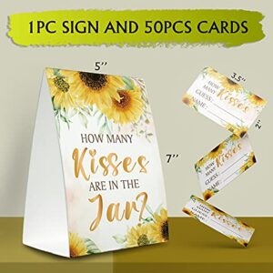 Guess How Many Kisses Are in the Jar Game (1 Standing Sign + 50 Guessing Cards),Sunflower Greenery Golden,Bridal Shower Sign,Baby Shower Sign - XH06