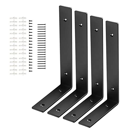 SAMTSELT 4 Packs Heavy Duty L Brackets for Shelves, Iron Floating Shelf Black Brackets,Industrial Hardware 90 Degree Right Angle Brackets. Wall-Mounted Metal Brackets for DIY Open Shelves (10x6'')