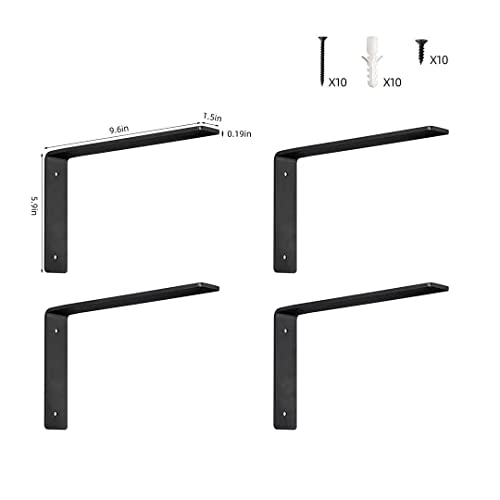 SAMTSELT 4 Packs Heavy Duty L Brackets for Shelves, Iron Floating Shelf Black Brackets,Industrial Hardware 90 Degree Right Angle Brackets. Wall-Mounted Metal Brackets for DIY Open Shelves (10x6'')