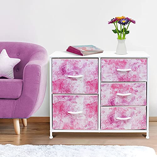 Sorbus Dresser with 5 Drawers - Bedside Furniture & Night Stand End Table Dresser for Home, Bedroom Accessories, Office, College Dorm, Steel Frame, Wood Top (Tie-Dye Pink)