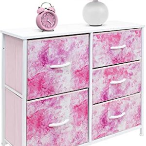 Sorbus Dresser with 5 Drawers - Bedside Furniture & Night Stand End Table Dresser for Home, Bedroom Accessories, Office, College Dorm, Steel Frame, Wood Top (Tie-Dye Pink)