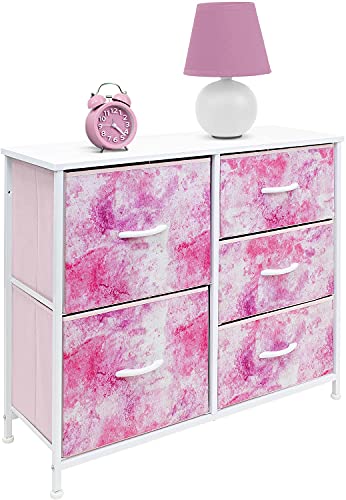 Sorbus Dresser with 5 Drawers - Bedside Furniture & Night Stand End Table Dresser for Home, Bedroom Accessories, Office, College Dorm, Steel Frame, Wood Top (Tie-Dye Pink)