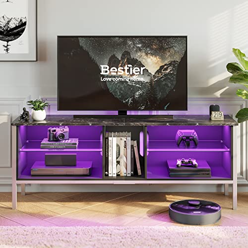 Bestier LED TV Stand, Modern Gaming Entertainment Center for 65/70 inch tv, Wood TV Stand with Glass Shelves for Living Room Bedroom, Black Marble