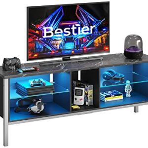 Bestier LED TV Stand, Modern Gaming Entertainment Center for 65/70 inch tv, Wood TV Stand with Glass Shelves for Living Room Bedroom, Black Marble