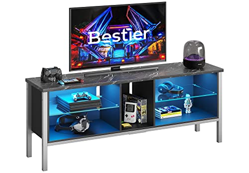 Bestier LED TV Stand, Modern Gaming Entertainment Center for 65/70 inch tv, Wood TV Stand with Glass Shelves for Living Room Bedroom, Black Marble