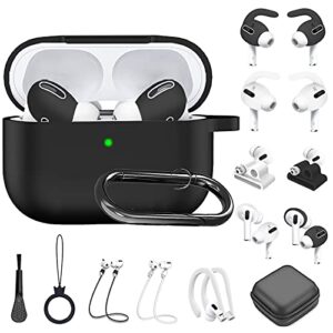 black for airpods pro case set,14 in 1 silicone airpods pro cover accessories set for apple airpods pro with eartips/earhook/earbuds case/watch band holder/anti-lost strap/keychain