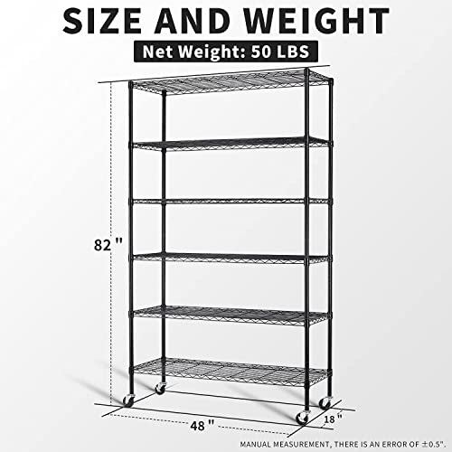 HCY Garage Shelving, 82x48x18 Metal Shelves 6 Tier Wire Shelving Unit Adjustable Heavy Duty Sturdy Steel Shelving with Casters for Pantry Garage Kitchen (Black)