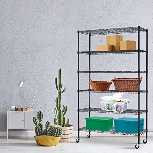 HCY Garage Shelving, 82x48x18 Metal Shelves 6 Tier Wire Shelving Unit Adjustable Heavy Duty Sturdy Steel Shelving with Casters for Pantry Garage Kitchen (Black)