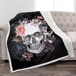 jekeno sugar skull sherpa blanket skull rose design skeleton smooth soft black print throw blanket for kid sofa chair bed office gift 50"x60"