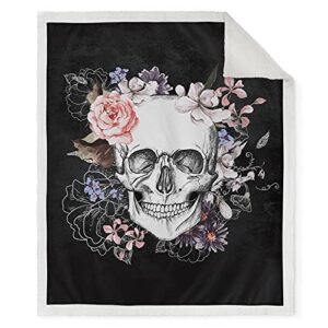 Jekeno Sugar Skull Sherpa Blanket Skull Rose Design Skeleton Smooth Soft Black Print Throw Blanket for Kid Sofa Chair Bed Office Gift 50"x60"