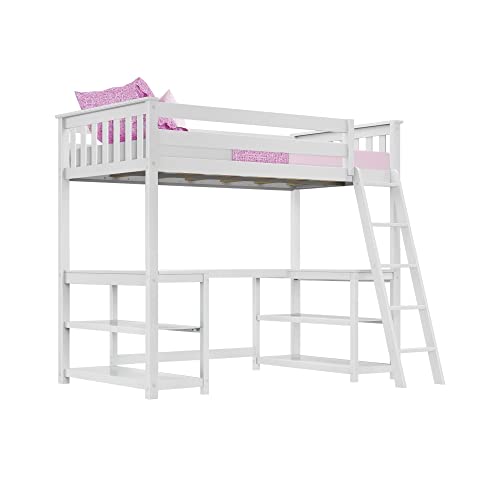 Max & Lily High Loft Bed, Twin Bed Frame For Kids With Wraparound Desk and Shelves, White