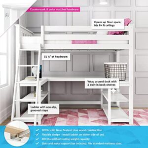 Max & Lily High Loft Bed, Twin Bed Frame For Kids With Wraparound Desk and Shelves, White