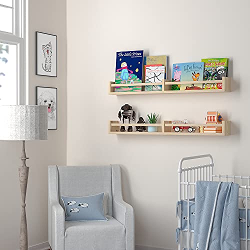 Classic Nursery Shelves, Set of 2 Natural Wood Floating Book Shelves for Kids Room, Wall Shelves for Bathroom Decor, Kitchen Spice Rack, Book Shelf Organizer for Baby Nursery Décor (32Lx4W)