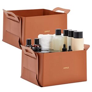 2 pack faux leather foldable storage bins with handles, collapsible baskets for home organization (brown, 10 x 6.5 in)