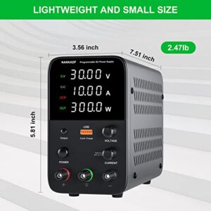 DC Power Supply Variable, 30V 10A Bench Power Supply with 4-Digits LED Display, 5V/3.6A USB Quick-Charge, Adjustable Switching Power Supply with Encoder Adjustment Knob, Output Enable/Disable Button