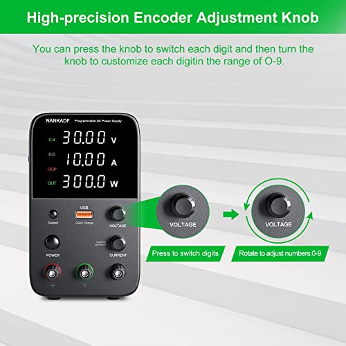 DC Power Supply Variable, 30V 10A Bench Power Supply with 4-Digits LED Display, 5V/3.6A USB Quick-Charge, Adjustable Switching Power Supply with Encoder Adjustment Knob, Output Enable/Disable Button