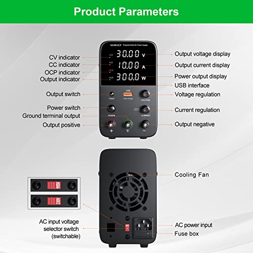 DC Power Supply Variable, 30V 10A Bench Power Supply with 4-Digits LED Display, 5V/3.6A USB Quick-Charge, Adjustable Switching Power Supply with Encoder Adjustment Knob, Output Enable/Disable Button