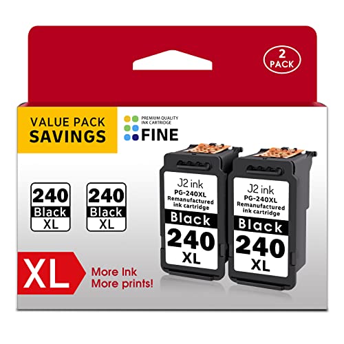 J2INK Remanufactured Ink Cartridge Replacement for 240xl Canon Black Ink Canon pg-240xl Black Cartridge Pixma MG3620 (2 Black)