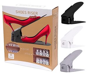 set of 20 adjustable shoe risers, double your storage space, 50% space saving double layer, shoe holder rack stacker slots for closet shelf organizer (white)