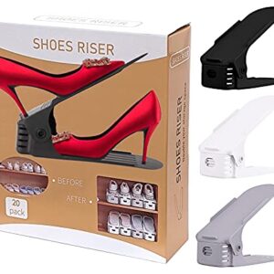 Set of 20 Adjustable Shoe Risers, Double Your Storage Space, 50% Space Saving Double Layer, Shoe Holder Rack Stacker Slots for Closet Shelf Organizer (White)