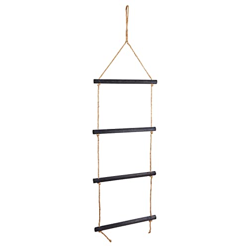 4-Rung Hanging Blanket Ladder, Wooden Rustic Towel Racks for Bathroom with Rope for Bathroom Decor, Black (17 x 60 in)