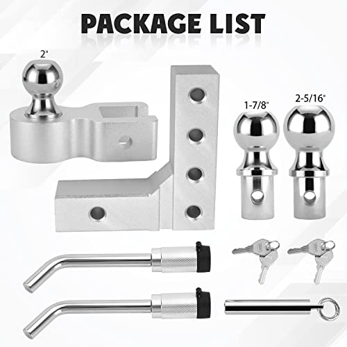 FULLHAUL Adjustable Trailer Hitch Ball Mount with Forged Aluminum Shank, Fits 2" Receiver, 6" Drop/Rise Hitch, 1-7/8"&2"&2-5/16" Combo Tow Balls with Double Pin Key Locks, GTW of 7,500 lbs