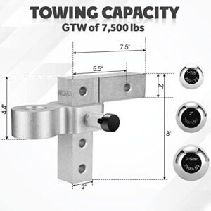 FULLHAUL Adjustable Trailer Hitch Ball Mount with Forged Aluminum Shank, Fits 2" Receiver, 6" Drop/Rise Hitch, 1-7/8"&2"&2-5/16" Combo Tow Balls with Double Pin Key Locks, GTW of 7,500 lbs