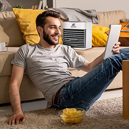 Portable Mini Air Conditioner - USB Powered Cooler - Quiet Desk Fan for Cooling Personal Space - Small Airconditioner Equipped with LED Night Light for Bedroom - Mobile AC For Camping