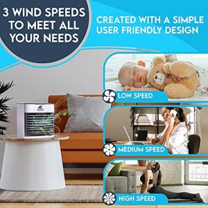 Portable Mini Air Conditioner - USB Powered Cooler - Quiet Desk Fan for Cooling Personal Space - Small Airconditioner Equipped with LED Night Light for Bedroom - Mobile AC For Camping