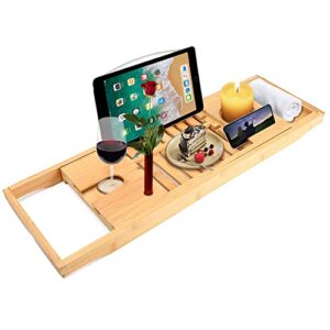 markpride bamboo bathtub caddy tray, expandable luxury bath table, adjustable accessories, with book/tablet holder, wine glass slot, gift idea for loved ones