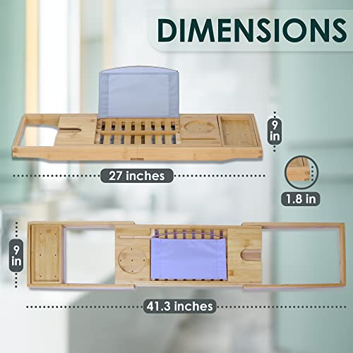 MarkPride Bamboo Bathtub Caddy Tray, Expandable Luxury Bath Table, Adjustable Accessories, with Book/Tablet Holder, Wine Glass Slot, Gift Idea for Loved Ones