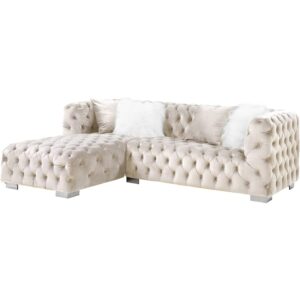 acme furniture velvet upholstered sectional sofa with 4 pillows, beige