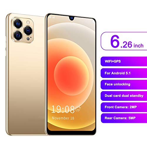 Jopwkuin IP12 PRO+ Unlocked Android Smartphone-Stylish 6.26Inch Bang Screen Cellphone 1+8GB Dual Card Dual Standby Smartphone Support for Memory Expansion, Android 8.1 (Gold)