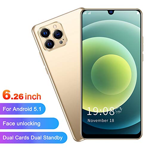 Jopwkuin IP12 PRO+ Unlocked Android Smartphone-Stylish 6.26Inch Bang Screen Cellphone 1+8GB Dual Card Dual Standby Smartphone Support for Memory Expansion, Android 8.1 (Gold)