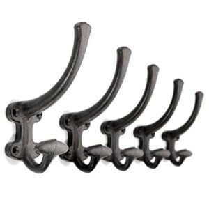 ambipolar 5-pack decorative cast iron heavy duty double wall hooks, vintage hooks in antique black coat hooks wall mounted for mudroom, hat rack, purse hooks