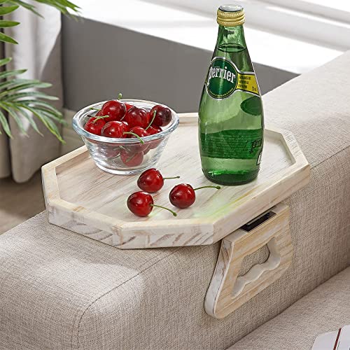 Vesuna Sofa Armrest Clip Tray Table, Sofa Couch Arm Rest Organizer, Sofa Arm Table, Cup Holder, Wooden Sofa Clip Tray for Drinks/Remote Control/Snacks, Rustic White