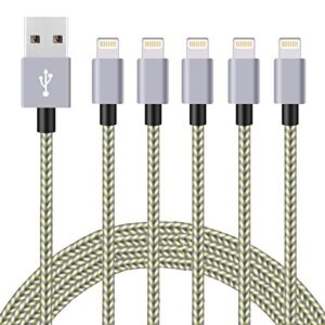 iphone charger, 5packs(3ft 3ft 6ft 6ft 10ft)charging cable mfi certified usb lightning cable nylon braided fast charging cord compatible for iphone13/12/11/x/max/8/7/6/6s/5/5s/se/plus/ipad(goldengrey)