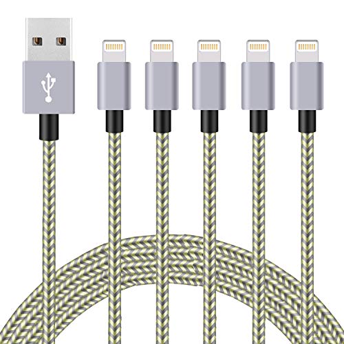 iPhone Charger, 5Packs(3ft 3ft 6ft 6ft 10ft)Charging Cable MFi Certified USB Lightning Cable Nylon Braided Fast Charging Cord Compatible for iPhone13/12/11/X/Max/8/7/6/6S/5/5S/SE/Plus/iPad(GoldenGrey)