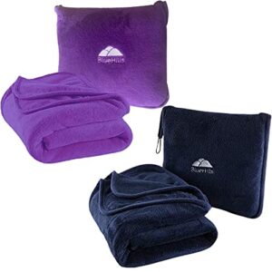 bluehills premium soft travel blanket pillow value pack set of 2 - airplane flight blanket throw in soft bag with luggage belt compact pack large blanket for travel navy blue and purple colors