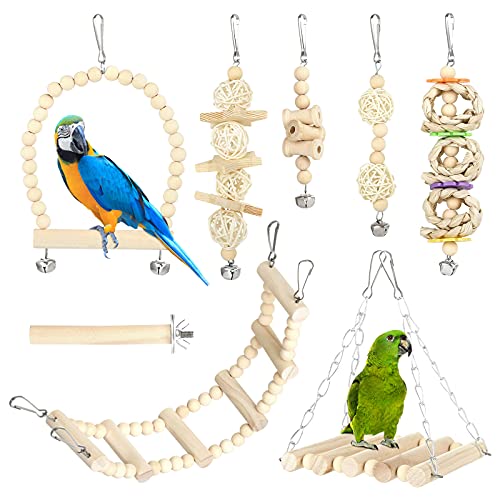 GWHOLE 8 PCS Bird Toys for Parakeets, Parrot Swing Chewing Hanging Standing Wooden Toys Bird Cage Accessories for Parrots Cockatiels Conures Budgies