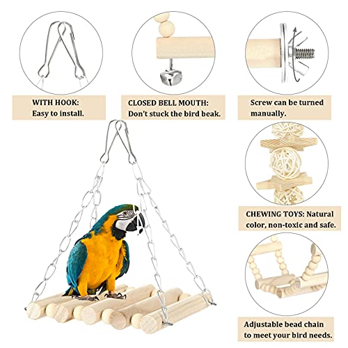 GWHOLE 8 PCS Bird Toys for Parakeets, Parrot Swing Chewing Hanging Standing Wooden Toys Bird Cage Accessories for Parrots Cockatiels Conures Budgies