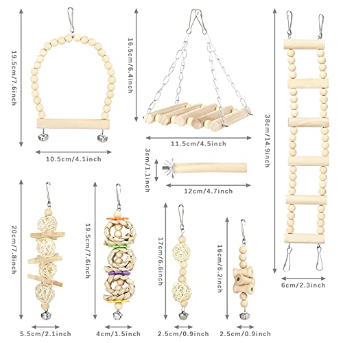 GWHOLE 8 PCS Bird Toys for Parakeets, Parrot Swing Chewing Hanging Standing Wooden Toys Bird Cage Accessories for Parrots Cockatiels Conures Budgies