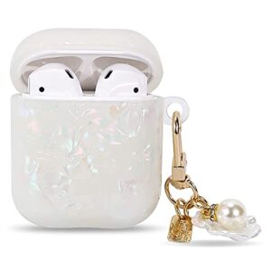 manleno compatible with airpods case cover with keychain cute shell pearl design women girls soft protective case glitter bling airpod cases replacement for apple airpods 2 1 (iridescent)